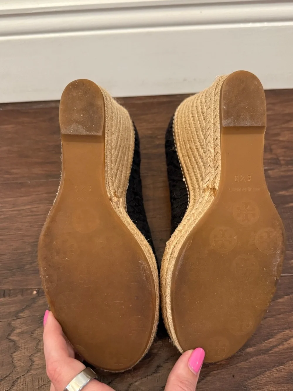 Tory Burch Black Lace Espadrille Wedge Flats with Logo Charm
